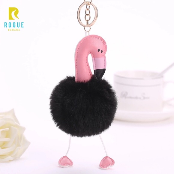 🆕Black Flamingo Pom Puff Gold Keychain Bag Charm! - Picture 1 of 8